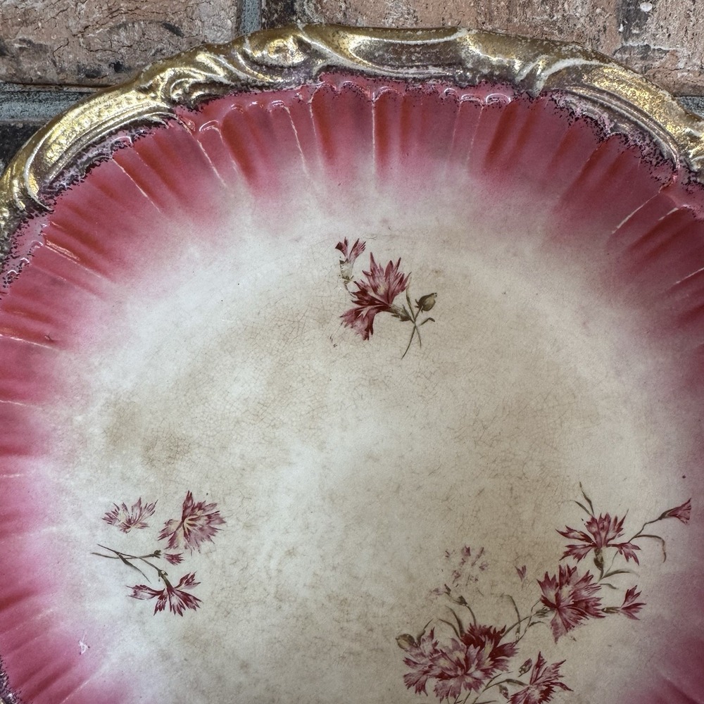 Antique Pink Floral Plate Gold Gilt Rim Victorian Art Nouveau Charger - Picture 3 of 8
